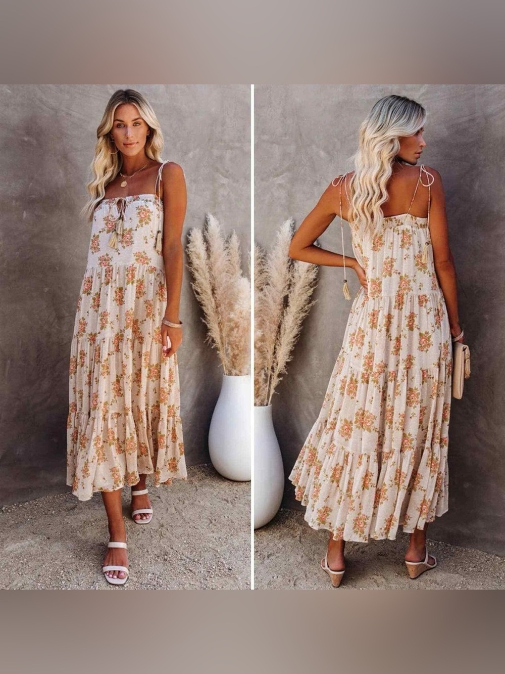 Storia Cream Maxi Dress with Peach/Cream Floral Print, Size S